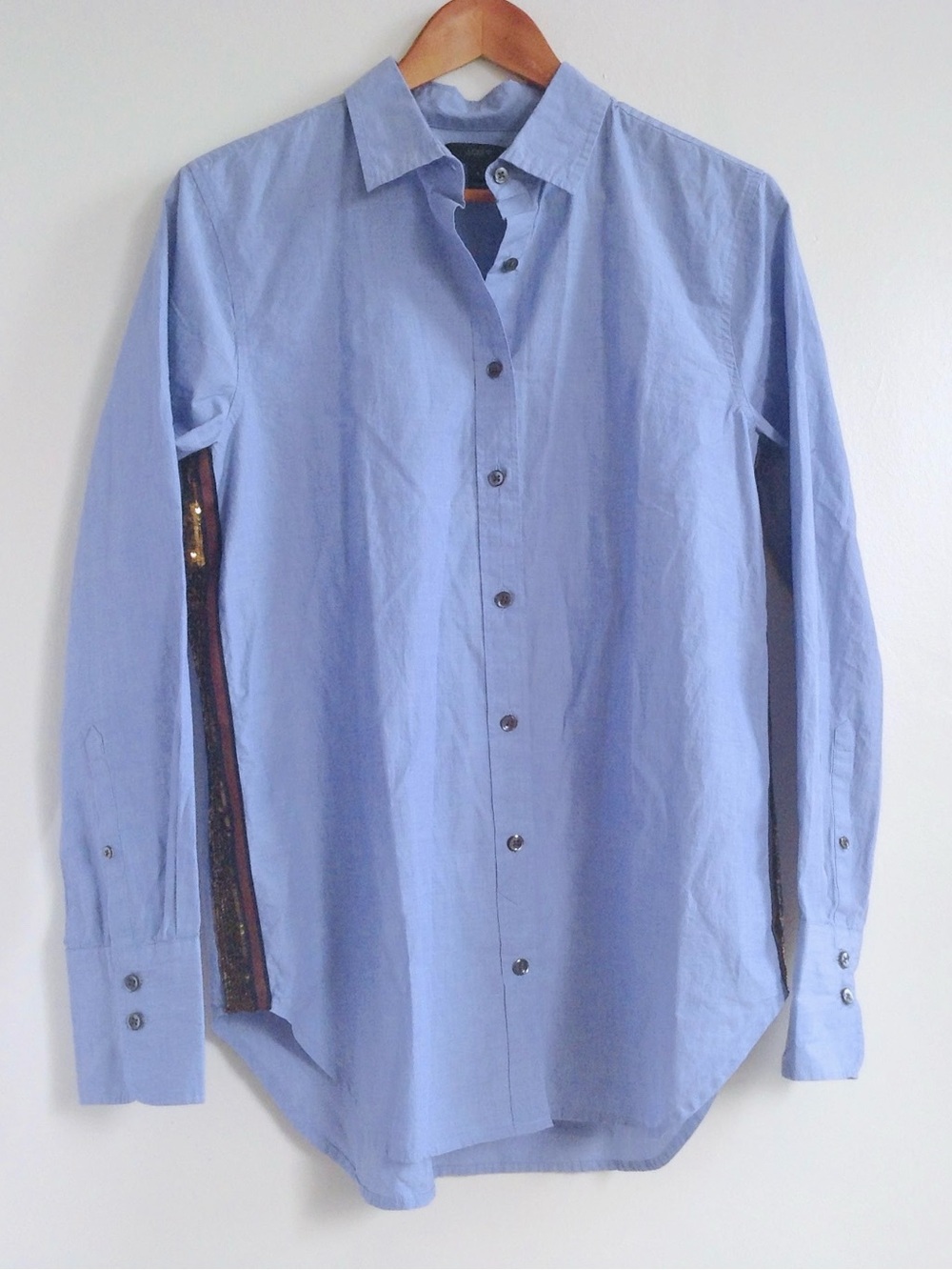 J.Crew Sequin Side Stripe Boyfriend Button-Up Shirt Blue Gold Cotton Oversized 8 - Picture 3 of 15